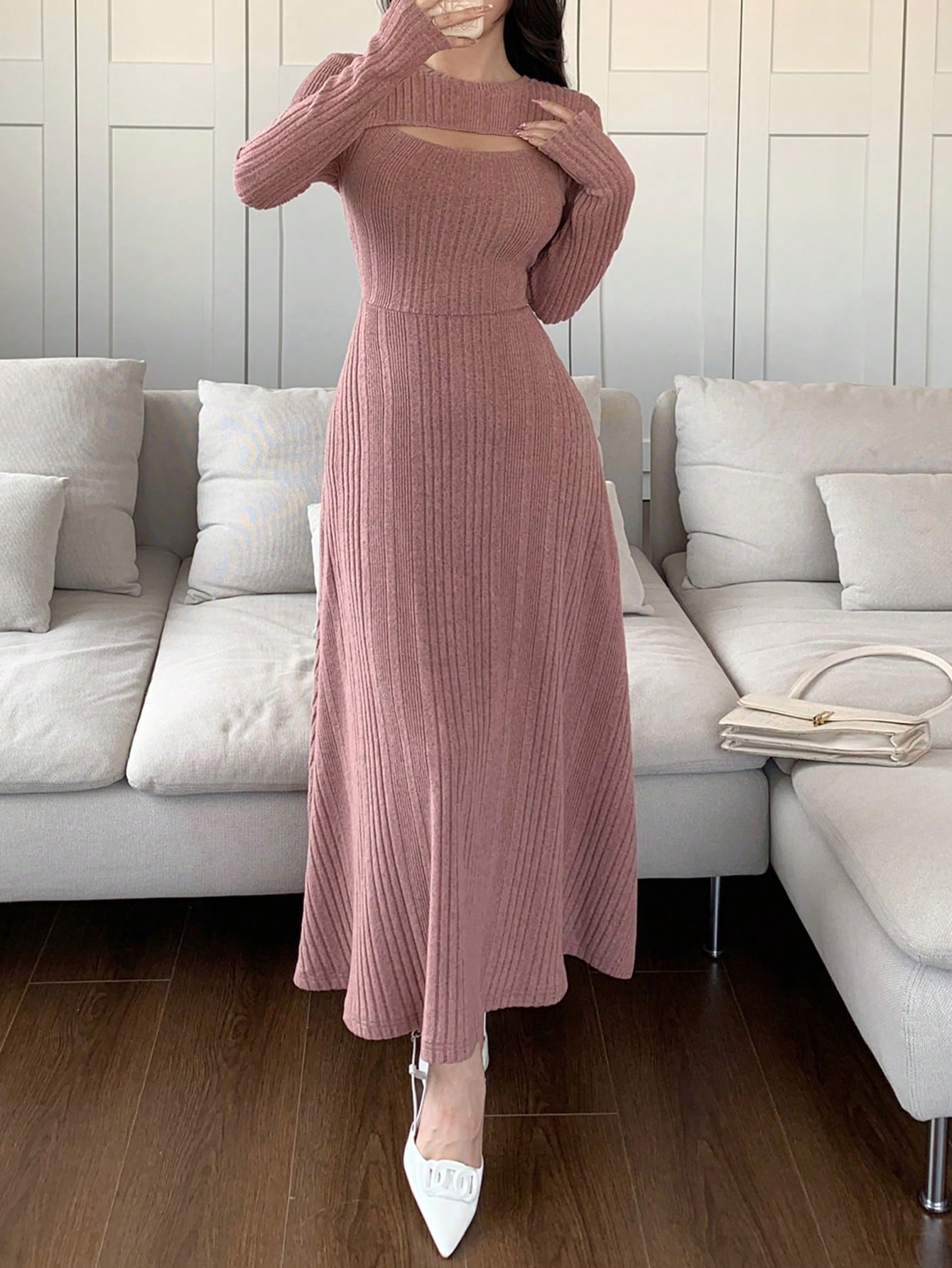Feyla Women Solid Color Round Neck Long Sleeve Casual Mid-Length Dress Long Evening Dresses