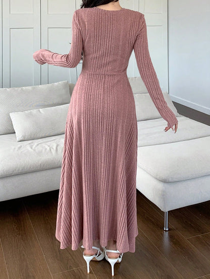 Feyla Women Solid Color Round Neck Long Sleeve Casual Mid-Length Dress Long Evening Dresses