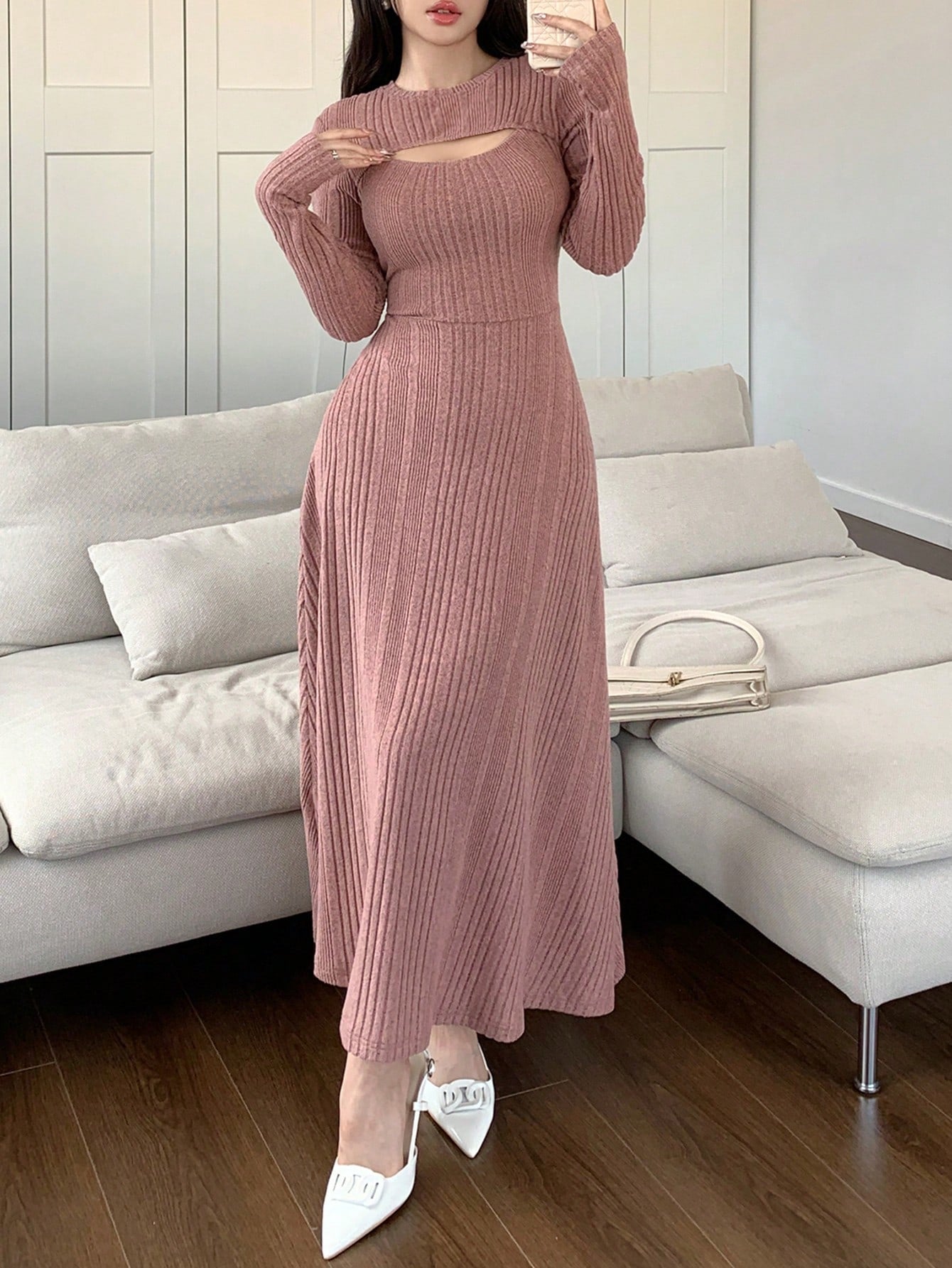 Feyla Women Solid Color Round Neck Long Sleeve Casual Mid-Length Dress Long Evening Dresses