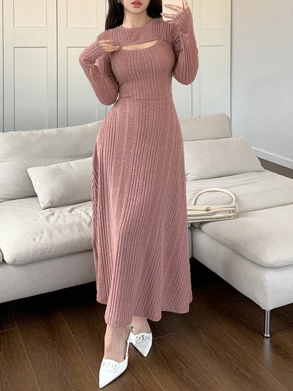 Feyla Women Solid Color Round Neck Long Sleeve Casual Mid-Length Dress Long Evening Dresses