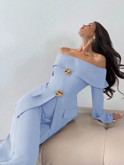 Firerie 2pcs Women Elegant Cold Shoulder Long Sleeve Top And Pants Set, Suitable For Commuting In Summer/ Party Aqua Blue