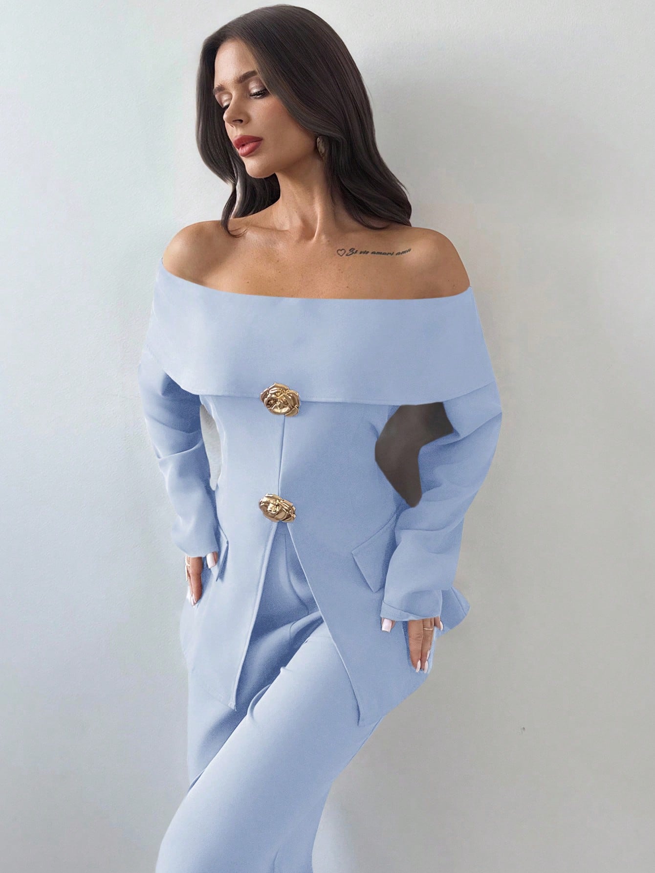 Firerie 2pcs Women Elegant Cold Shoulder Long Sleeve Top And Pants Set, Suitable For Commuting In Summer/ Party Aqua Blue