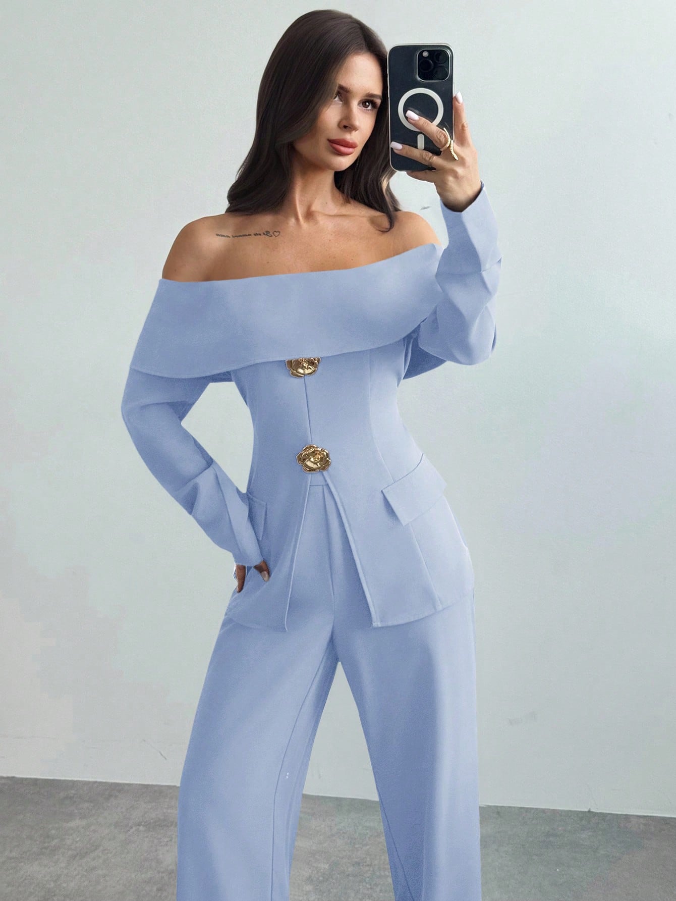 Firerie 2pcs Women Elegant Cold Shoulder Long Sleeve Top And Pants Set, Suitable For Commuting In Summer/ Party Aqua Blue