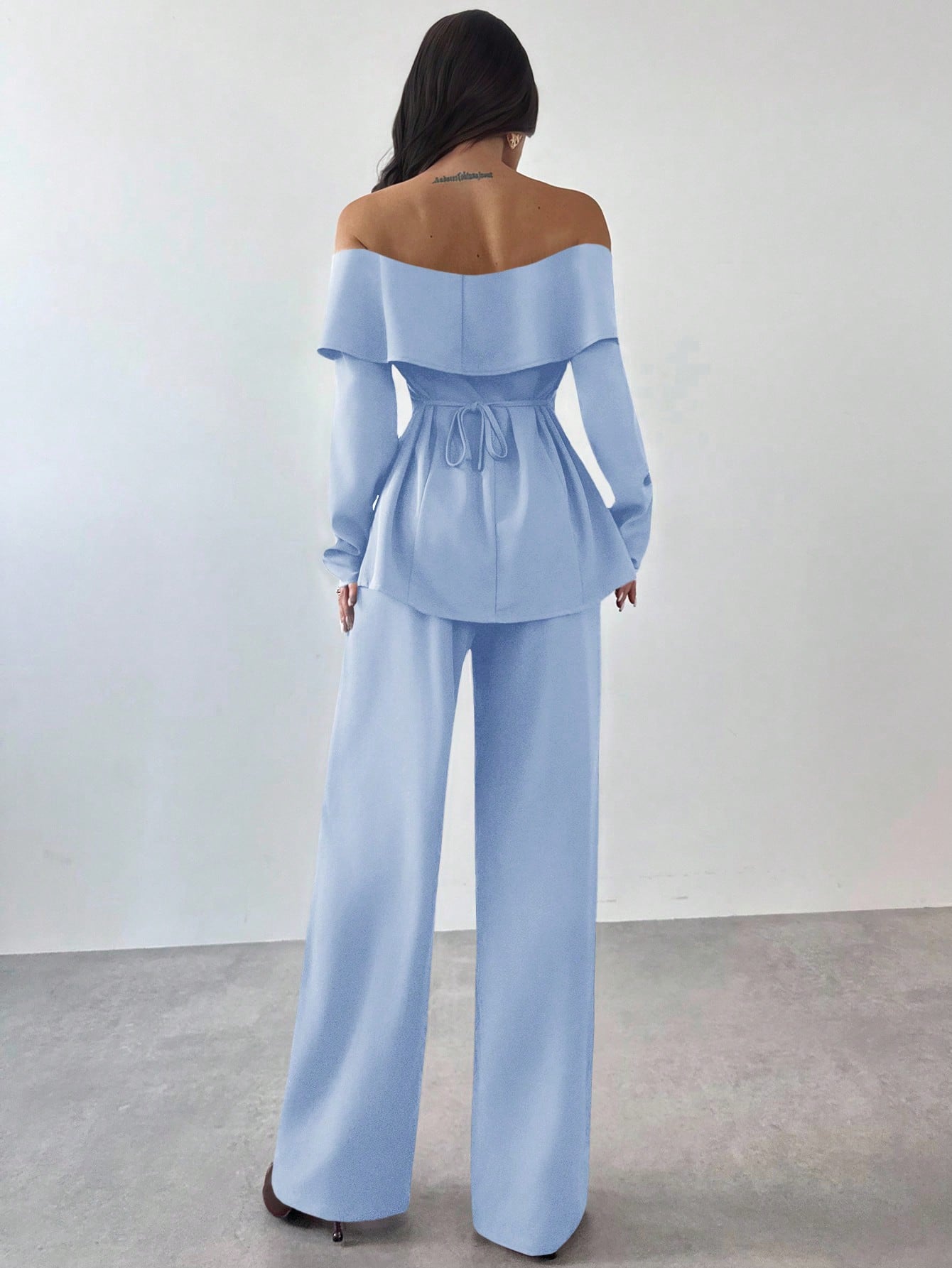 Firerie 2pcs Women Elegant Cold Shoulder Long Sleeve Top And Pants Set, Suitable For Commuting In Summer/ Party Aqua Blue