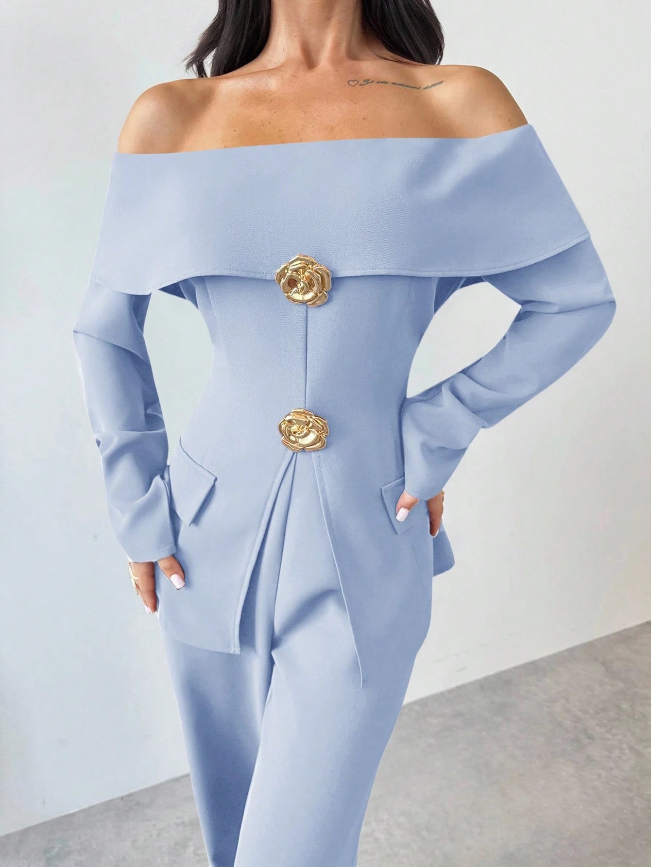 Firerie 2pcs Women Elegant Cold Shoulder Long Sleeve Top And Pants Set, Suitable For Commuting In Summer/ Party Aqua Blue