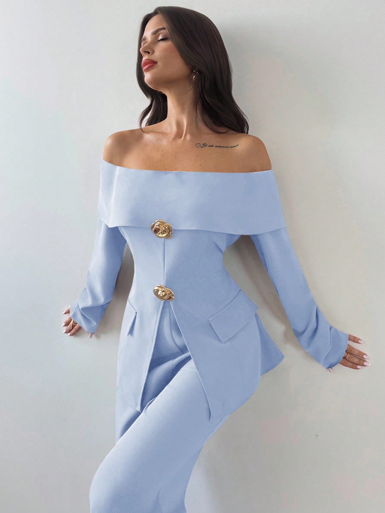 Firerie 2pcs Women Elegant Cold Shoulder Long Sleeve Top And Pants Set, Suitable For Commuting In Summer/ Party Aqua Blue