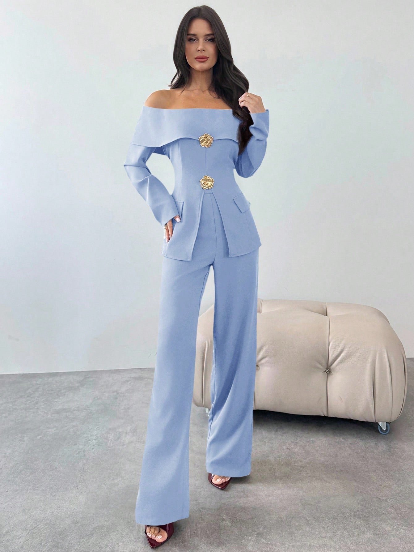 Firerie 2pcs Women Elegant Cold Shoulder Long Sleeve Top And Pants Set, Suitable For Commuting In Summer/ Party Aqua Blue