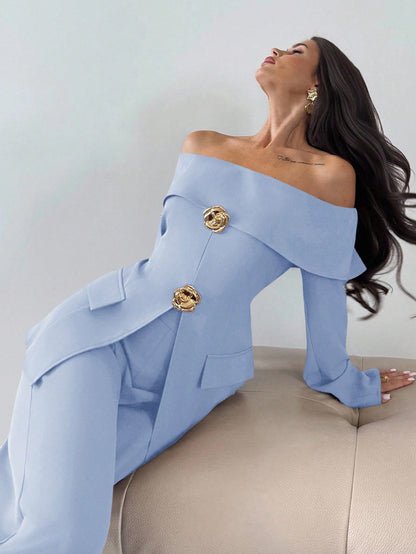 Firerie 2pcs Women Elegant Cold Shoulder Long Sleeve Top And Pants Set, Suitable For Commuting In Summer/ Party Aqua Blue