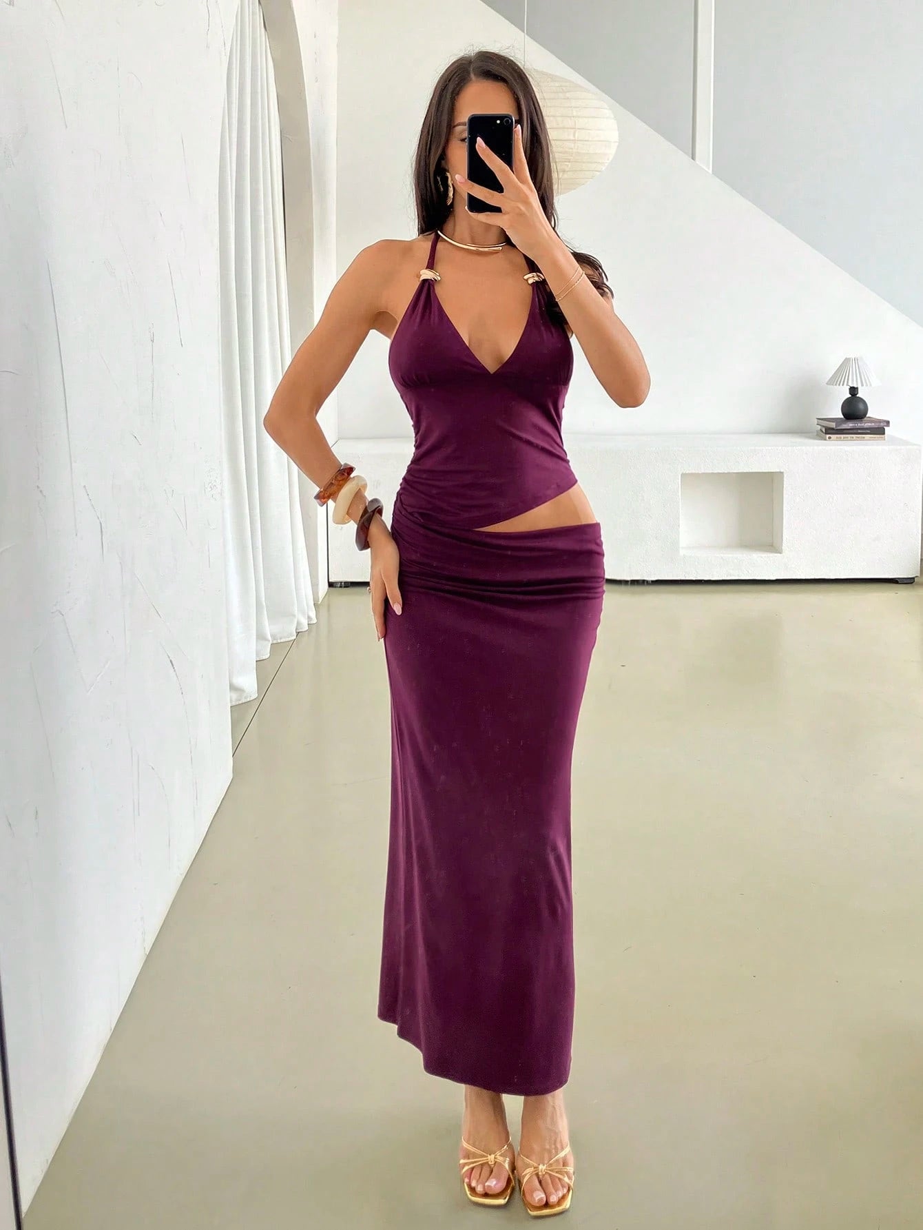 Firerie Women's Chic Plum Purple V-Neck Metal Decor Halter Backless Waist Hollow Bodycon Maxi Dress,Summer Elegant Sexy Party Night Out Night Vacation Dress