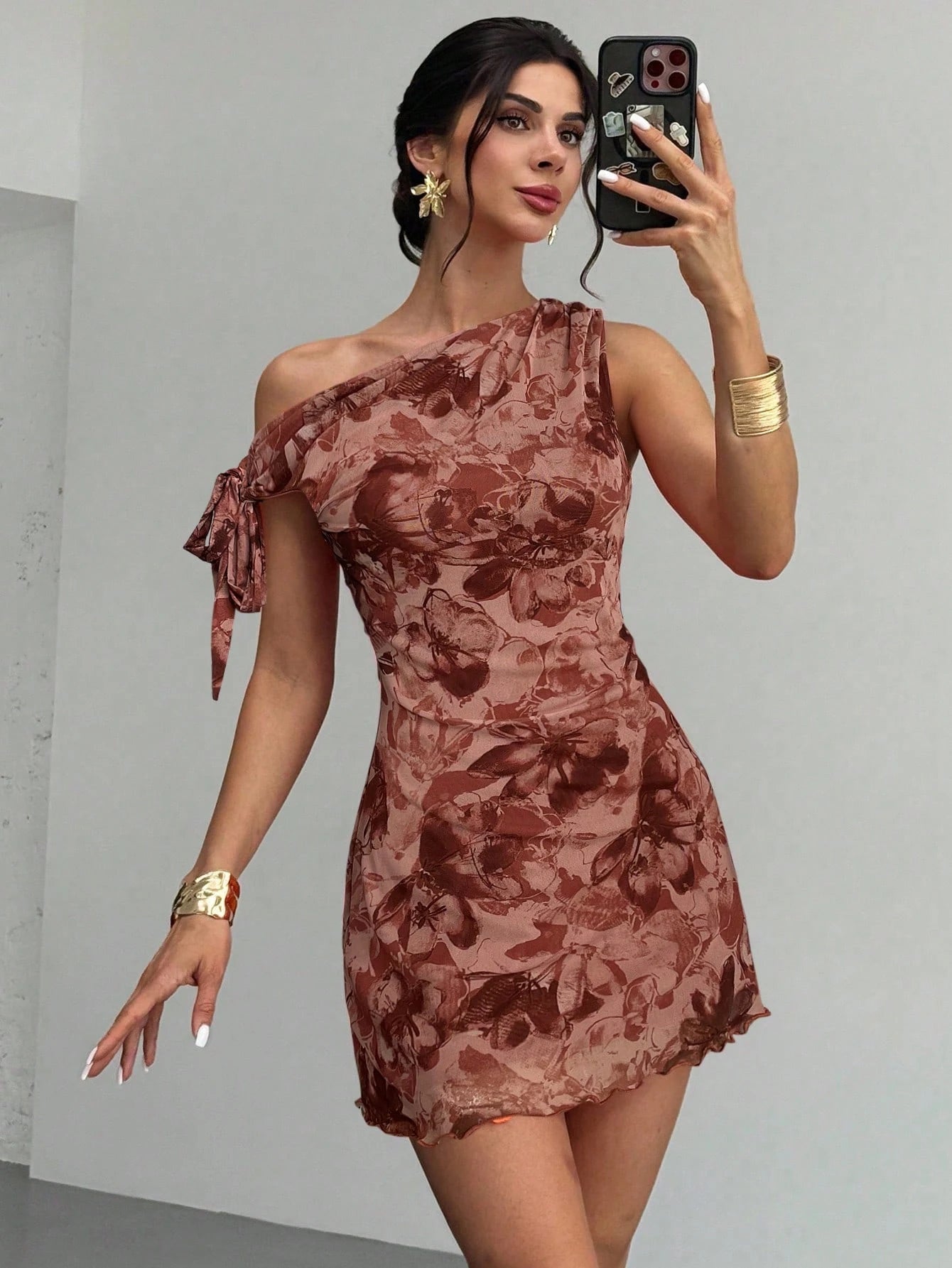 Firerie Women's Dusty Pink Floral Asymmetrical Shoulder Mesh Mini Dress,Summer Seductive Date Night Elegant Vacation Beach Outfit,Party Graduation Prom Dress