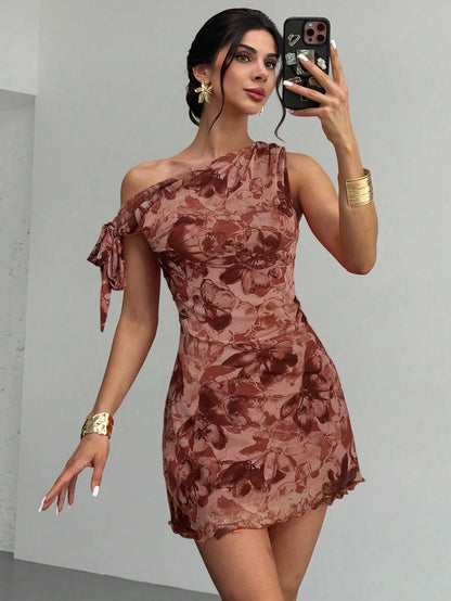 Firerie Women's Dusty Pink Floral Asymmetrical Shoulder Mesh Mini Dress,Summer Seductive Date Night Elegant Vacation Beach Outfit,Party Graduation Prom Dress