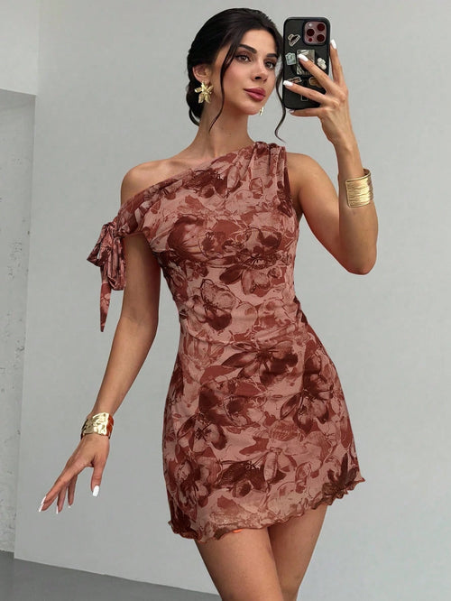 Firerie Women's Dusty Pink Floral Asymmetrical Shoulder Mesh Mini Dress,Summer Seductive Date Night Elegant Vacation Beach Outfit,Party Graduation Prom Dress