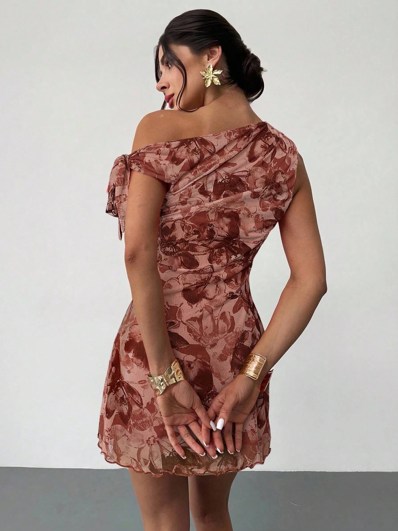 Firerie Women's Dusty Pink Floral Asymmetrical Shoulder Mesh Mini Dress,Summer Seductive Date Night Elegant Vacation Beach Outfit,Party Graduation Prom Dress