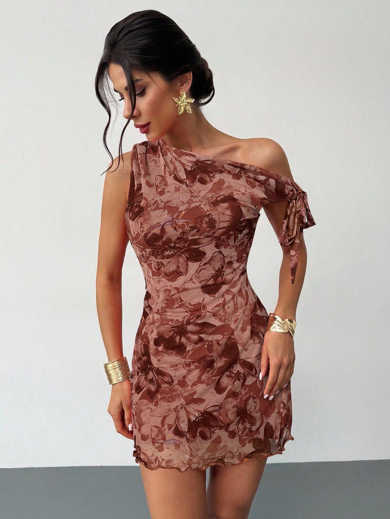 Firerie Women's Dusty Pink Floral Asymmetrical Shoulder Mesh Mini Dress,Summer Seductive Date Night Elegant Vacation Beach Outfit,Party Graduation Prom Dress