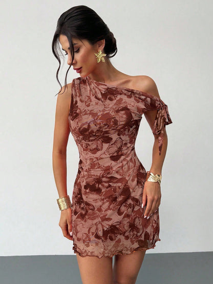 Firerie Women's Dusty Pink Floral Asymmetrical Shoulder Mesh Mini Dress,Summer Seductive Date Night Elegant Vacation Beach Outfit,Party Graduation Prom Dress