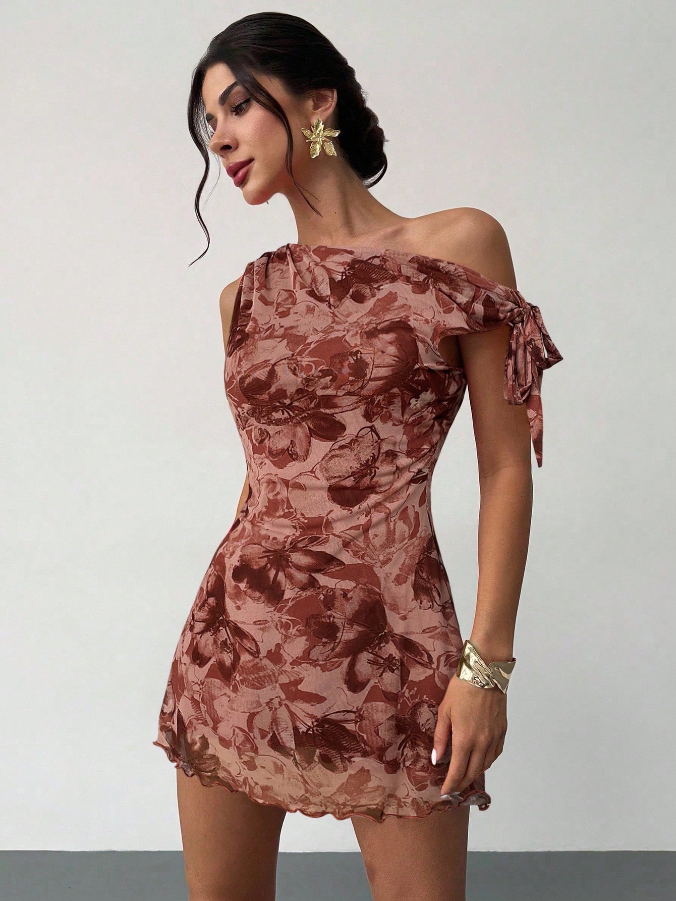 Firerie Women's Dusty Pink Floral Asymmetrical Shoulder Mesh Mini Dress,Summer Seductive Date Night Elegant Vacation Beach Outfit,Party Graduation Prom Dress