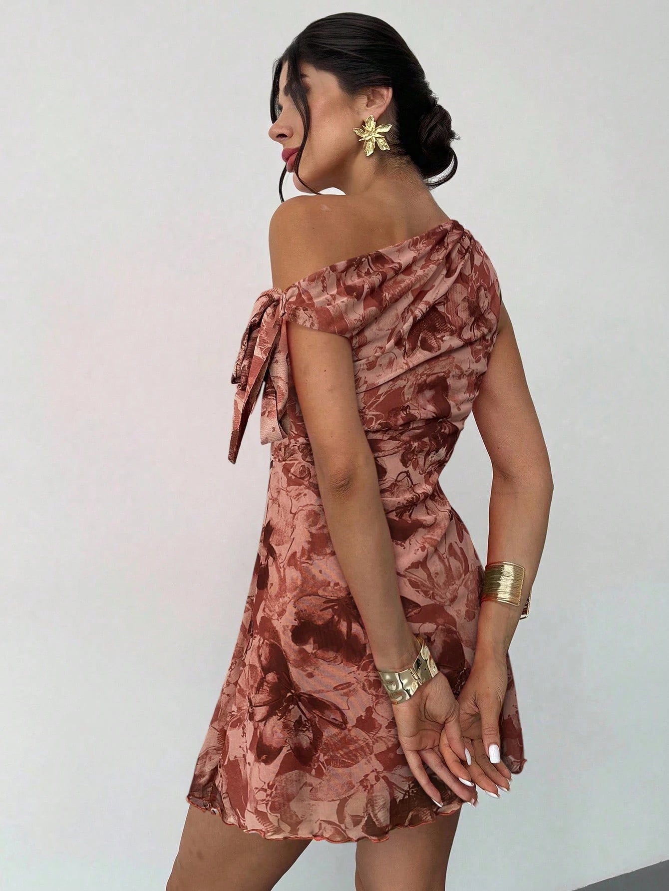 Firerie Women's Dusty Pink Floral Asymmetrical Shoulder Mesh Mini Dress,Summer Seductive Date Night Elegant Vacation Beach Outfit,Party Graduation Prom Dress