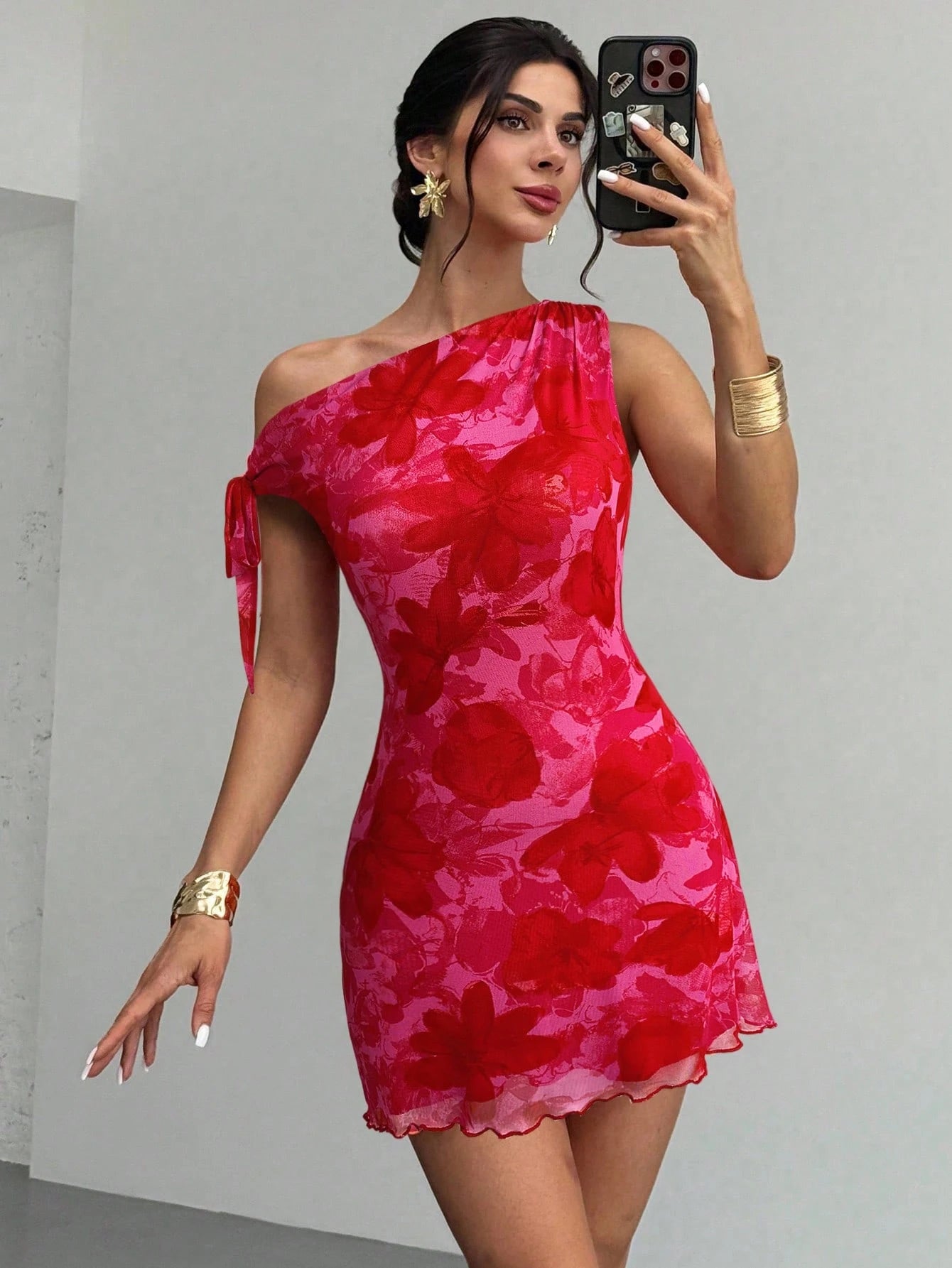 Firerie Women's Dusty Pink Floral Asymmetrical Shoulder Mesh Mini Dress,Summer Seductive Date Night Elegant Vacation Beach Outfit,Party Graduation Prom Dress