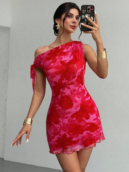 Firerie Women's Dusty Pink Floral Asymmetrical Shoulder Mesh Mini Dress,Summer Seductive Date Night Elegant Vacation Beach Outfit,Party Graduation Prom Dress