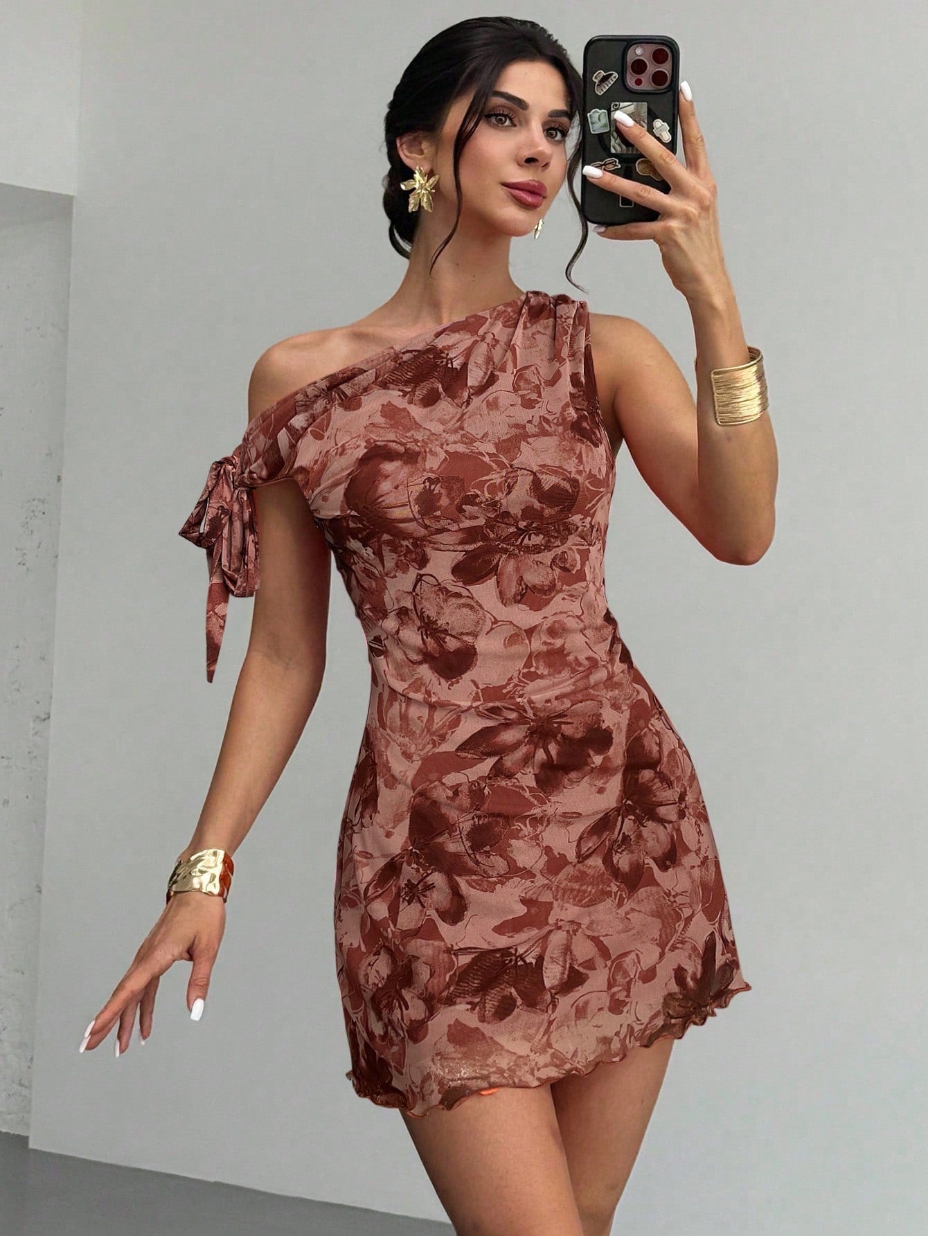 Firerie Women's Dusty Pink Floral Asymmetrical Shoulder Mesh Mini Dress,Summer Seductive Date Night Elegant Vacation Beach Outfit,Party Graduation Prom Dress