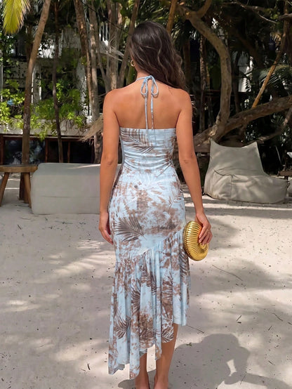 Firerie Women's Elegant Floral Print Halter Neck Ruffle Hem Midi Dress,Green Summer Casual Tropical Holiday Vacation,Party Y2K Leopard Cheetah Ibiza Style