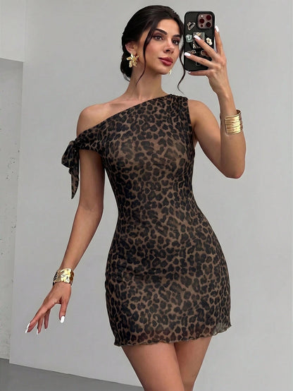 Firerie Women's Summer New Floral Asymmetrical Neckline Sexy Elegant Vacation Mini Dress, Mesh Spring Clothing, Beach Club Wear, Hawaii, Date, Party, Brown