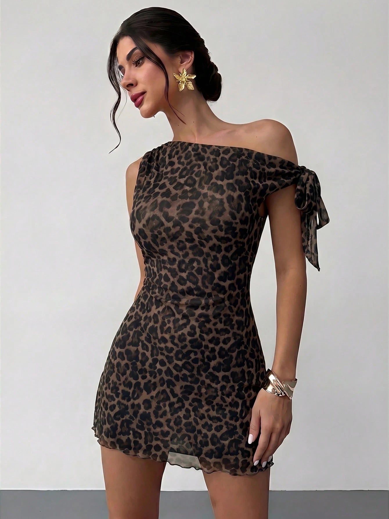 Firerie Women's Summer New Floral Asymmetrical Neckline Sexy Elegant Vacation Mini Dress, Mesh Spring Clothing, Beach Club Wear, Hawaii, Date, Party, Brown