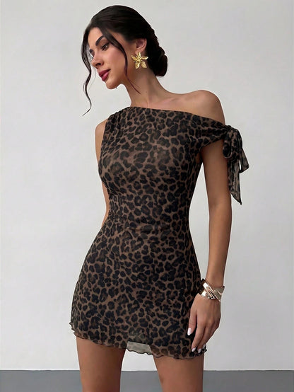 Firerie Women's Summer New Floral Asymmetrical Neckline Sexy Elegant Vacation Mini Dress, Mesh Spring Clothing, Beach Club Wear, Hawaii, Date, Party, Brown