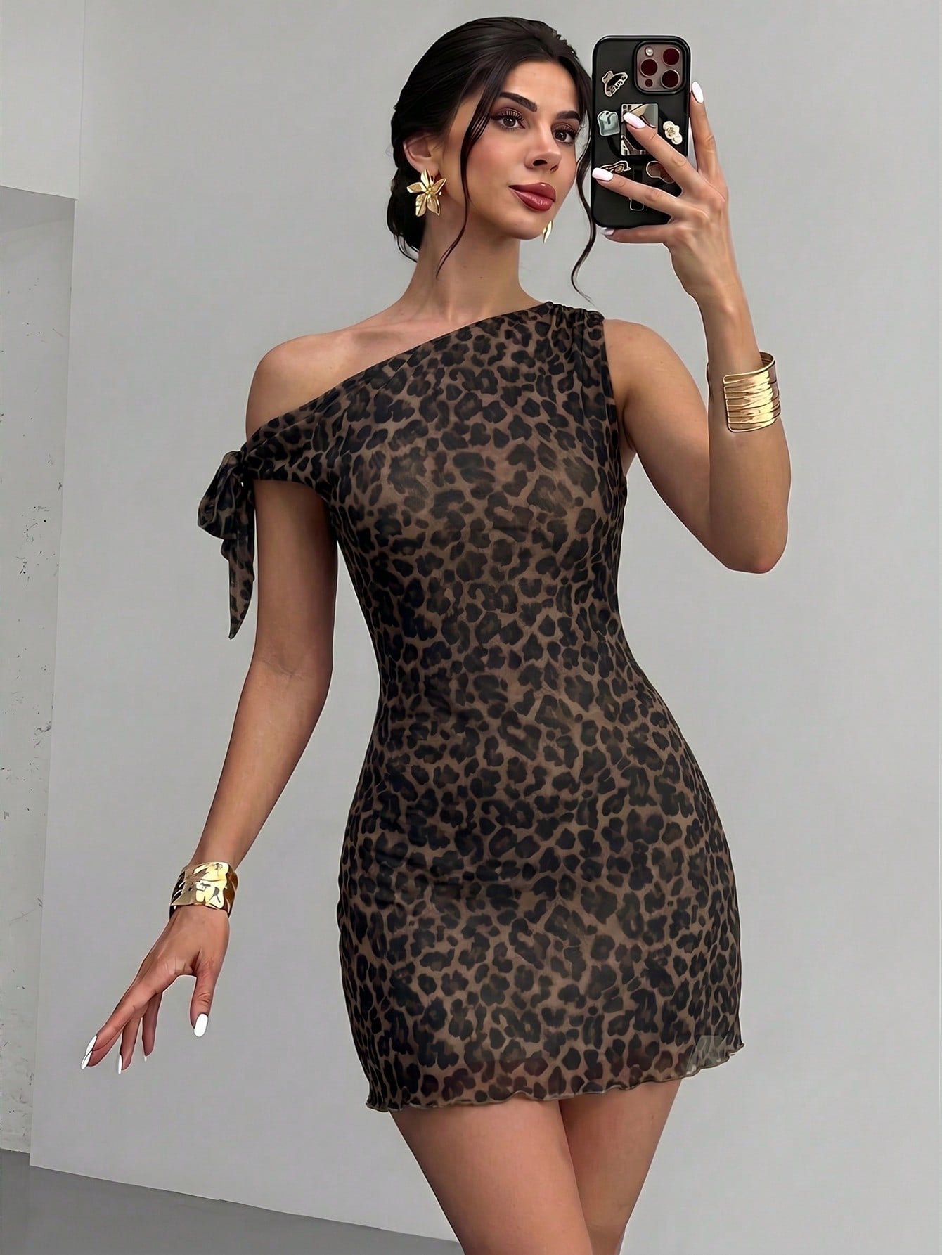 Firerie Women's Summer New Floral Asymmetrical Neckline Sexy Elegant Vacation Mini Dress, Mesh Spring Clothing, Beach Club Wear, Hawaii, Date, Party, Brown