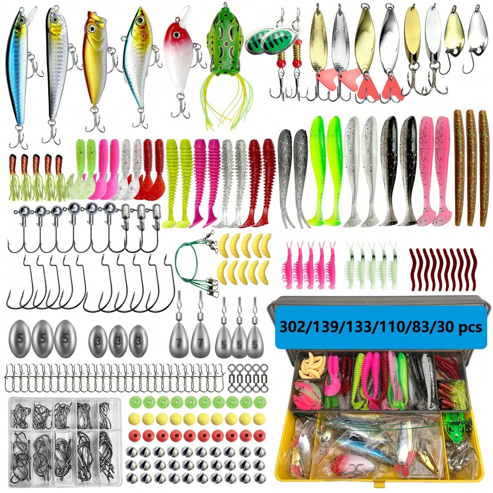 Fishing Lures Kit 30/83/133/110/139/302pcs/Set For Topwater Bait Rigs Tackle Kit For Bass Trout Salmon Fishing Accessories Far Throw Lure Set
