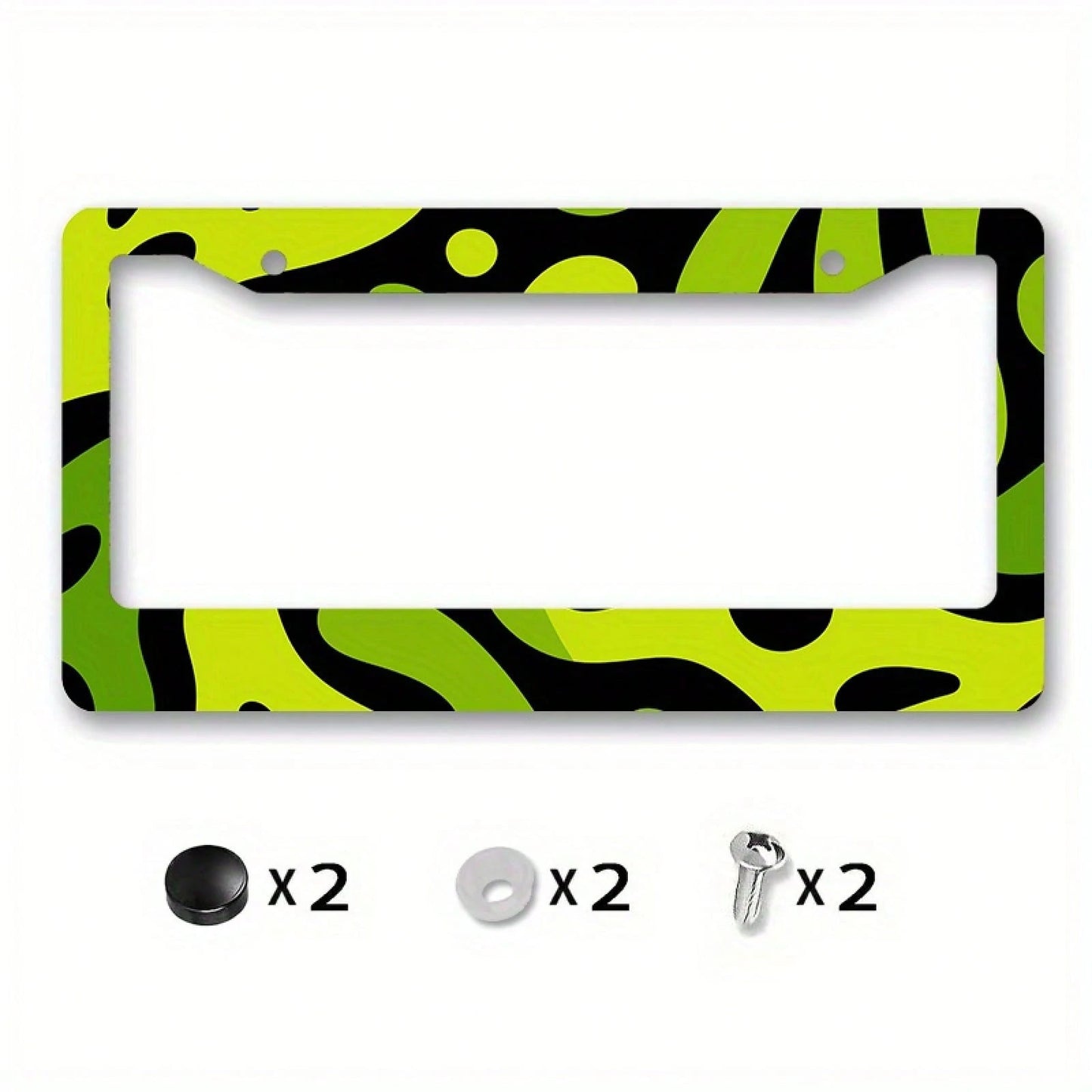 Fit 2D Flat Metal License Plate Frame Cover- Green Neon Lime & Black Abstract Plate Protector With Yellow/Green/White/Grey Options, Easy Bolt-On Installation For US/UK/EU Vehicles, Scratch- License P