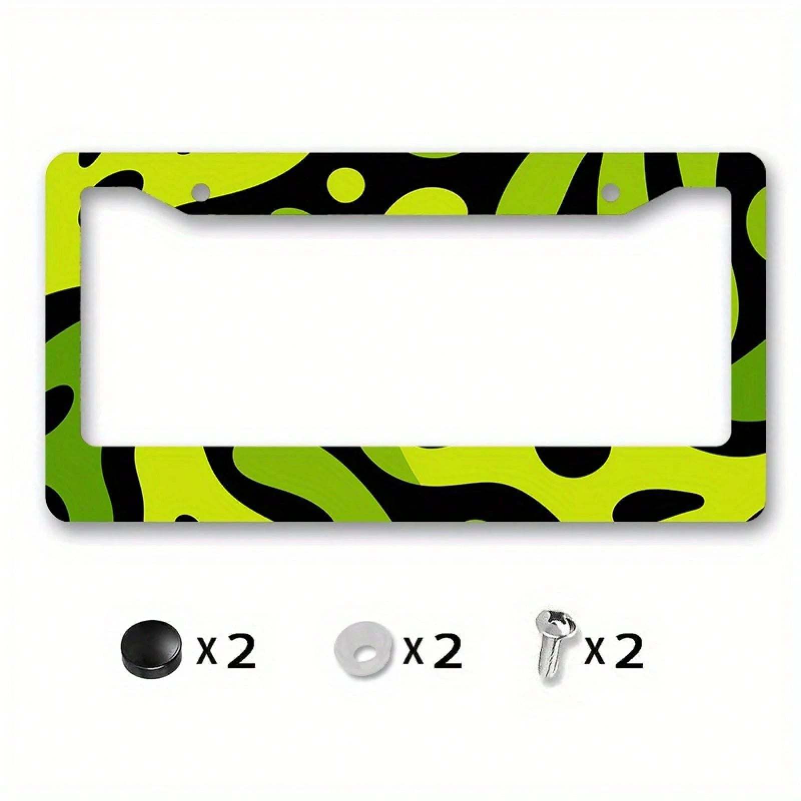 Fit 2D Flat Metal License Plate Frame Cover- Green Neon Lime & Black Abstract Plate Protector With Yellow/Green/White/Grey Options, Easy Bolt-On Installation For US/UK/EU Vehicles, Scratch- License P