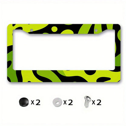 Fit 2D Flat Metal License Plate Frame Cover- Green Neon Lime & Black Abstract Plate Protector With Yellow/Green/White/Grey Options, Easy Bolt-On Installation For US/UK/EU Vehicles, Scratch- License P