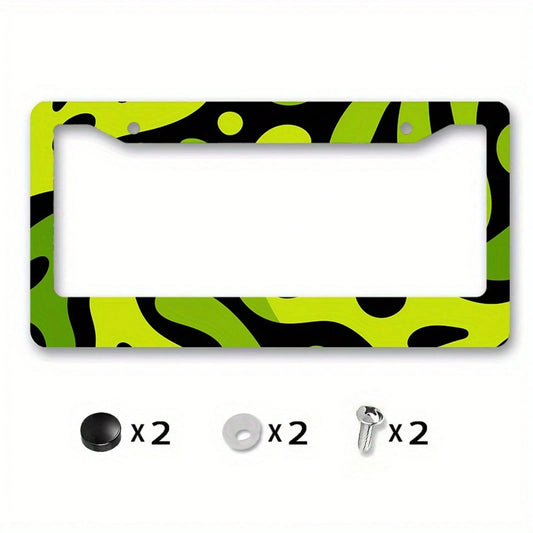 Fit 2D Flat Metal License Plate Frame Cover- Green Neon Lime & Black Abstract Plate Protector With Yellow/Green/White/Grey Options, Easy Bolt-On Installation For US/UK/EU Vehicles, Scratch- License P