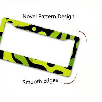 Fit 2D Flat Metal License Plate Frame Cover- Green Neon Lime & Black Abstract Plate Protector With Yellow/Green/White/Grey Options, Easy Bolt-On Installation For US/UK/EU Vehicles, Scratch- License P