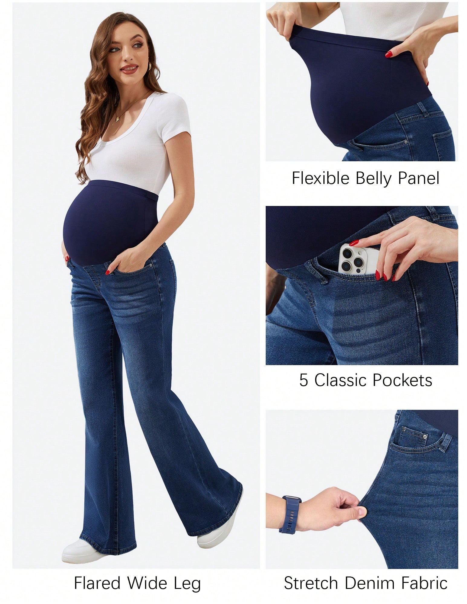 Fitglam Women's Maternity Wide Leg Jeans Bootcut Over The Belly Stretchy Flare Pregnancy Denim Pants With Pockets