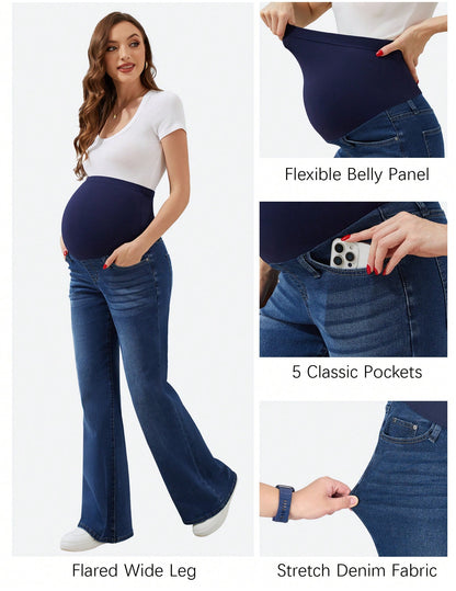 Fitglam Women's Maternity Wide Leg Jeans Bootcut Over The Belly Stretchy Flare Pregnancy Denim Pants With Pockets
