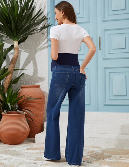 Fitglam Women's Maternity Wide Leg Jeans Bootcut Over The Belly Stretchy Flare Pregnancy Denim Pants With Pockets