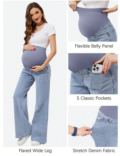 Fitglam Women's Maternity Wide Leg Jeans Bootcut Over The Belly Stretchy Flare Pregnancy Denim Pants With Pockets