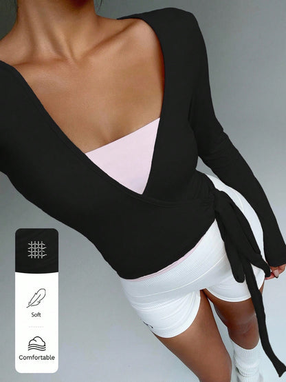 Flirla Women's Black Athleisure Gym Yoga Fitness Sports Stretchy Soft Open Front Tie-Up V-Neck Wrap Long Sleeve Cropped Tight Tee,Autumn Fall Clothing