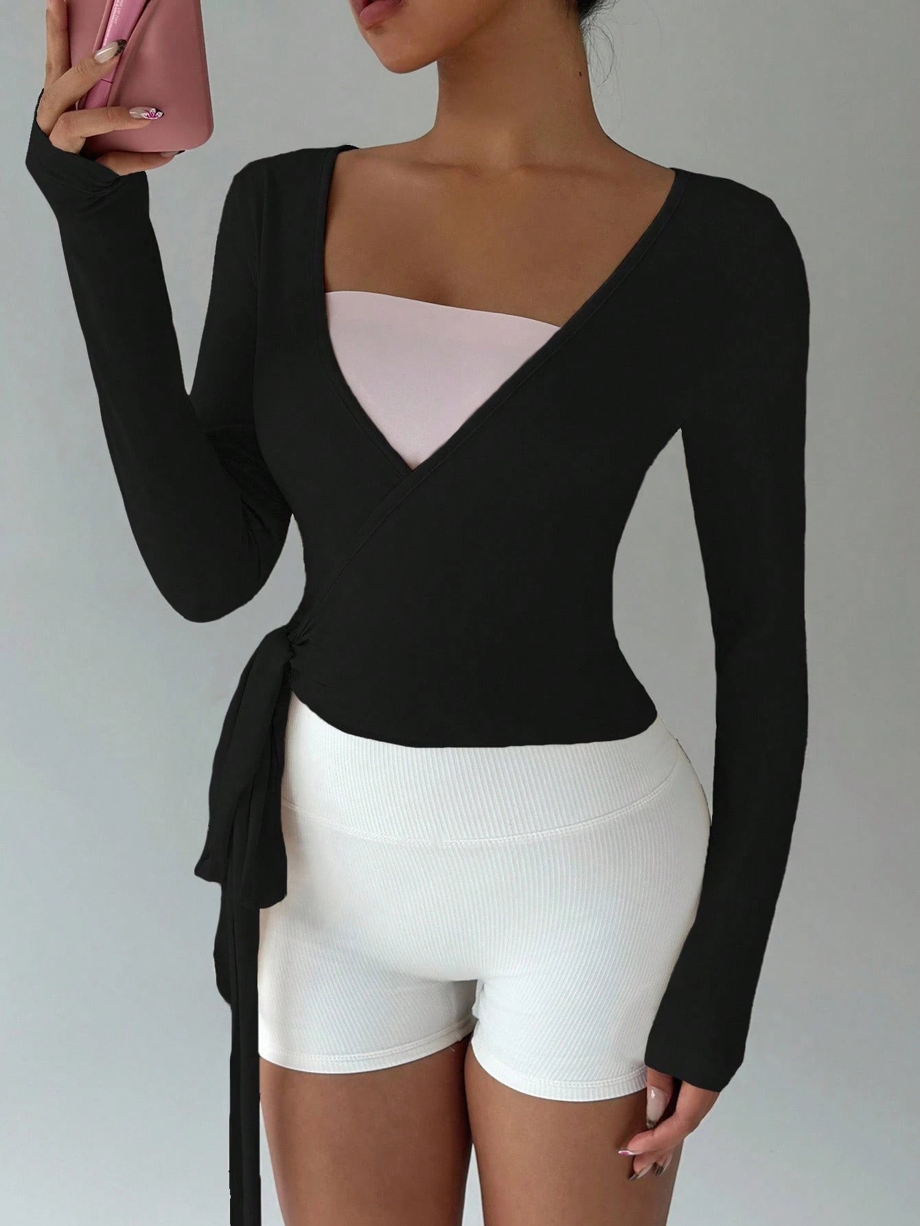 Flirla Women's Black Athleisure Gym Yoga Fitness Sports Stretchy Soft Open Front Tie-Up V-Neck Wrap Long Sleeve Cropped Tight Tee,Autumn Fall Clothing