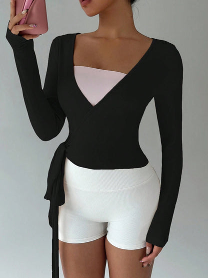 Flirla Women's Black Athleisure Gym Yoga Fitness Sports Stretchy Soft Open Front Tie-Up V-Neck Wrap Long Sleeve Cropped Tight Tee,Autumn Fall Clothing