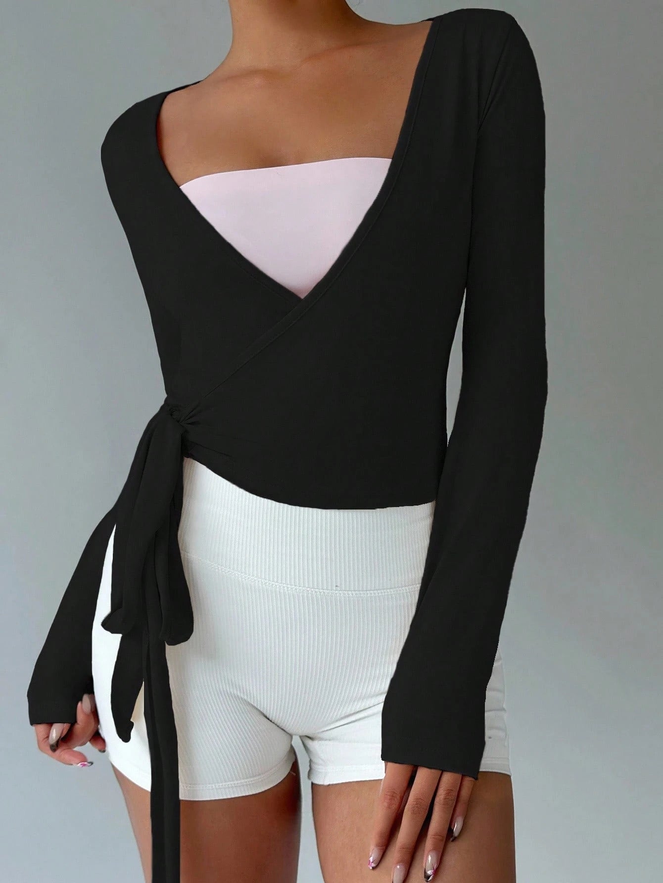 Flirla Women's Black Athleisure Gym Yoga Fitness Sports Stretchy Soft Open Front Tie-Up V-Neck Wrap Long Sleeve Cropped Tight Tee,Autumn Fall Clothing