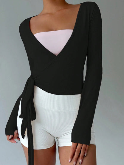 Flirla Women's Black Athleisure Gym Yoga Fitness Sports Stretchy Soft Open Front Tie-Up V-Neck Wrap Long Sleeve Cropped Tight Tee,Autumn Fall Clothing