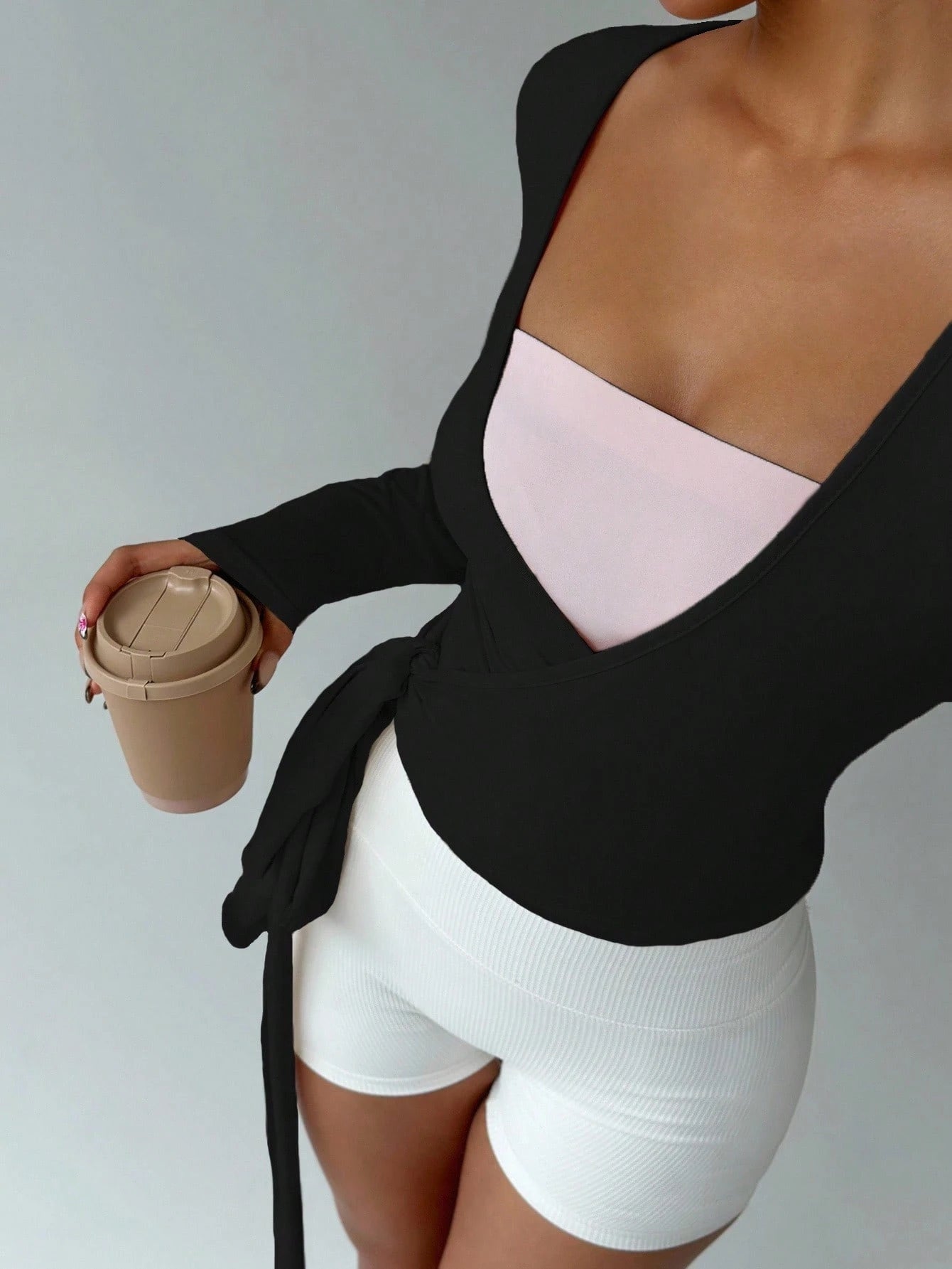 Flirla Women's Black Athleisure Gym Yoga Fitness Sports Stretchy Soft Open Front Tie-Up V-Neck Wrap Long Sleeve Cropped Tight Tee,Autumn Fall Clothing