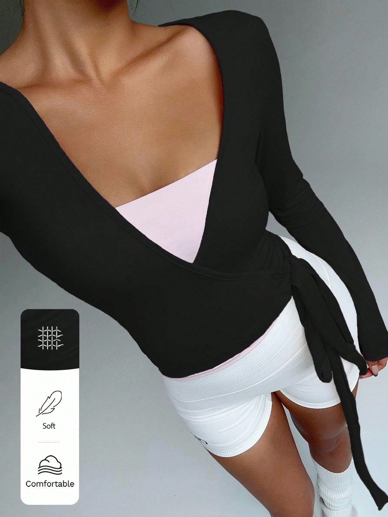 Flirla Women's Black Athleisure Gym Yoga Fitness Sports Stretchy Soft Open Front Tie-Up V-Neck Wrap Long Sleeve Cropped Tight Tee,Autumn Fall Clothing