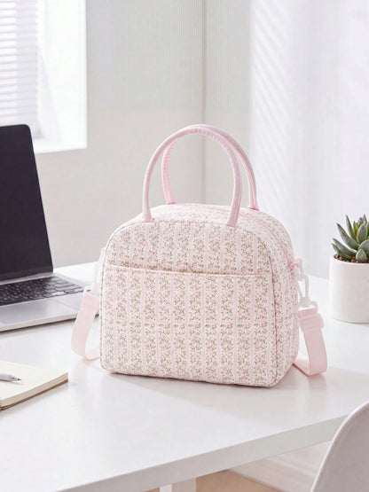 Floral Coquette Insulated Lunch Bag For Women, Quilted Leakproof Thermal Lunch Tote, Large Capacity Cooler Handbag For Work, School, Picnic & Travel
