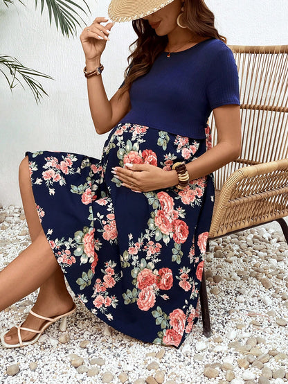 Floral Print Patchwork Nursing Casual Vacation Dress For Pregnant Women