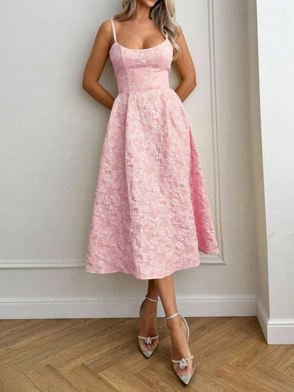 Floreya Summer Elegant Solid Color French Style High-End Elegant Light Dress Waist-Cinching Slim Fit Spaghetti Strap Midi Dress Apricot Dress Party