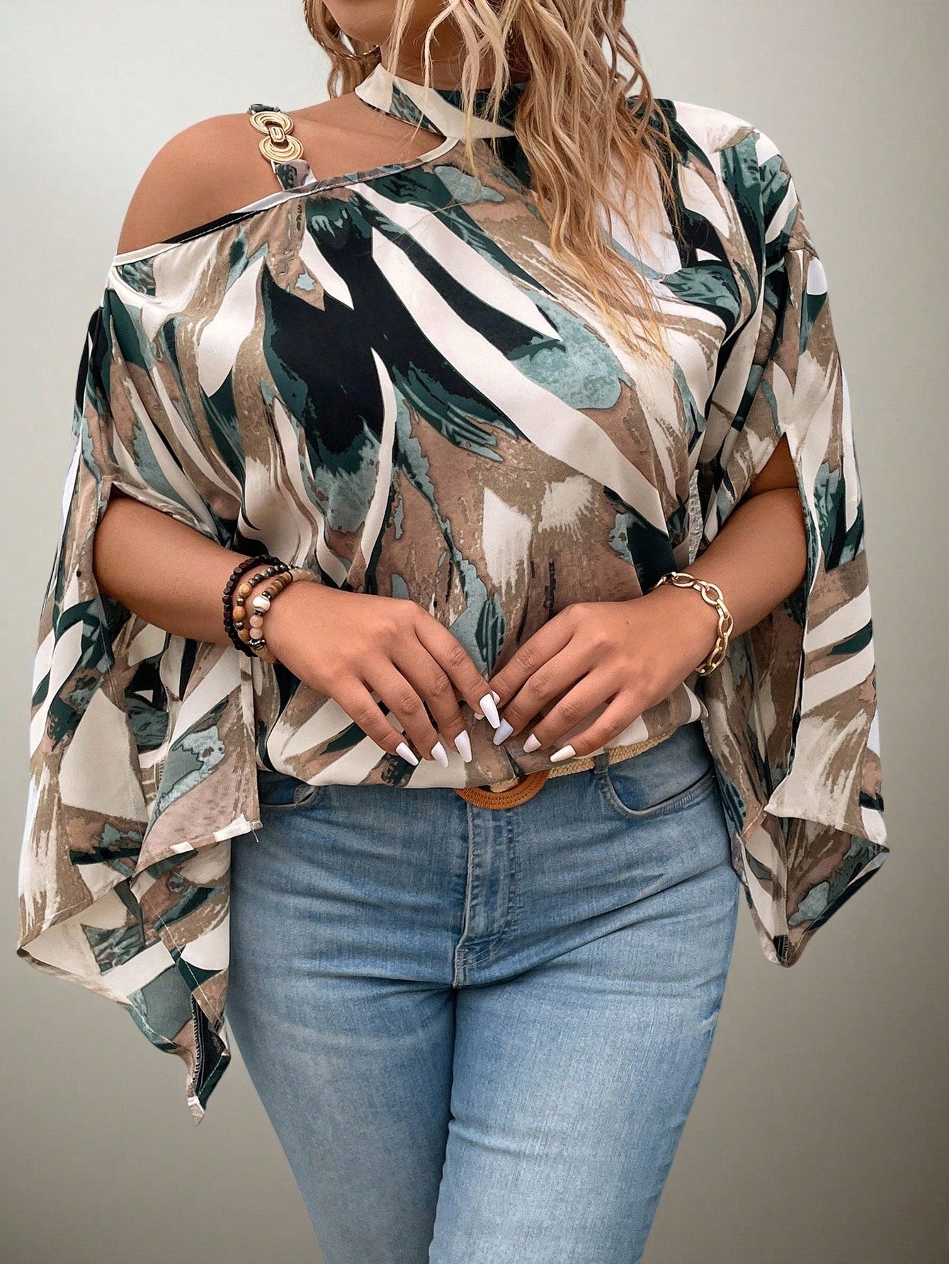 Flouryn Plus Size Women's Random Print Simple Daily Shirt One Shoulder Top Fall
